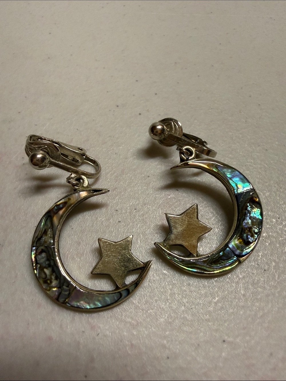 Iridescent Abalone Crescent Moon and Star Clip-On Earrings